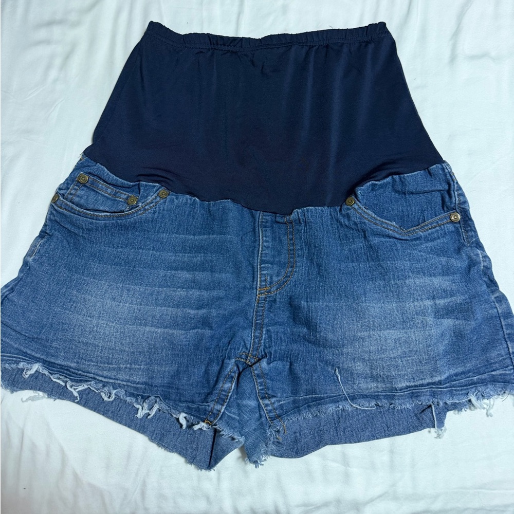 High Waist Maternity Denim Shorts with Navy Panel